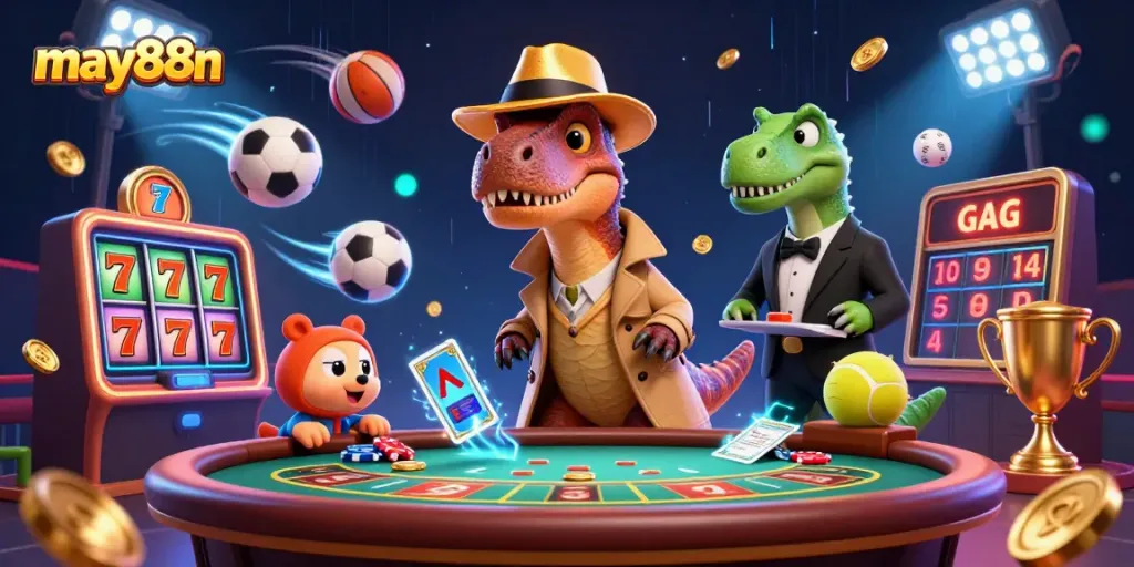 Engage in exciting gameplay with may88n, showcasing a velociraptor card counter at a blackjack table surrounded by immersive casino elements.