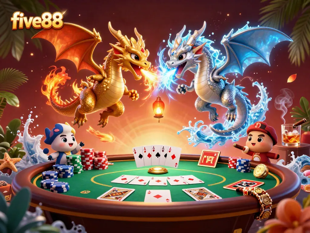 Experience excitement at five88 with golden and silver dragons amidst colorful poker elements.