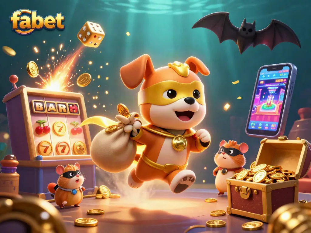 Play exciting games with fa bet, featuring a superhero dog and gold coins amidst a vivid casino theme.