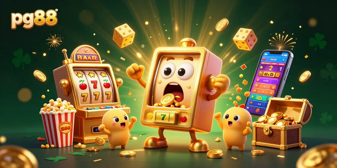 Spin the pg88 slot machine and win coins amidst a jubilant casino atmosphere.