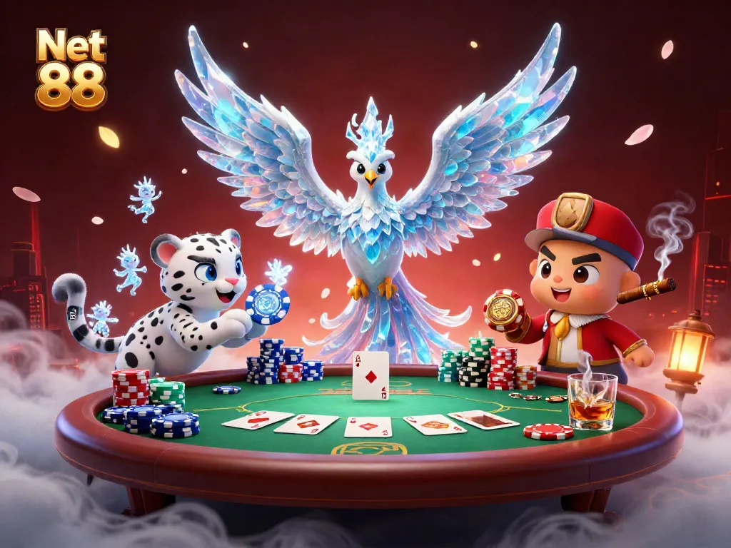 Bet big with Net 88 at an ice phoenix poker showdown amidst colorful casino elements.