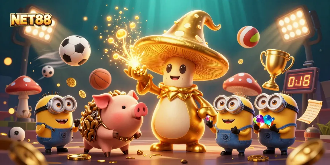Engage in NET88 sports betting excitement with a golden wizard, truffle pig, and dynamic elements.