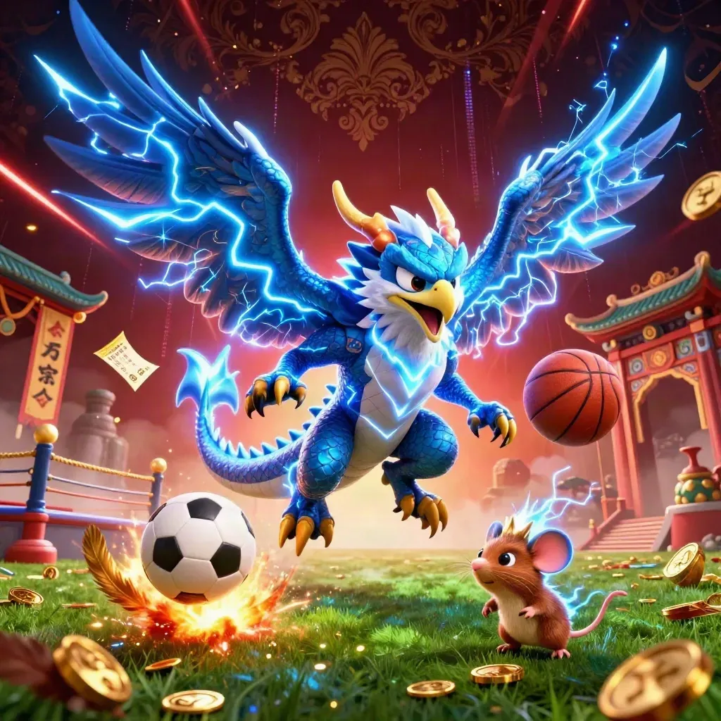 Ground-level fantasy sports splash art with a lightning dragon, wind hawk, mouse, balls, coins, and casino glow