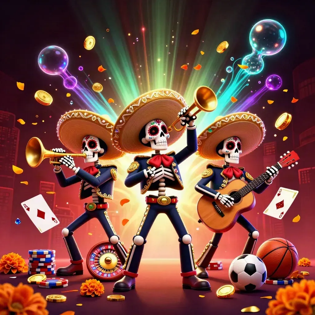 Skeleton mariachi trio with casino icons exploding around a soccer ball and basketball in neon light.