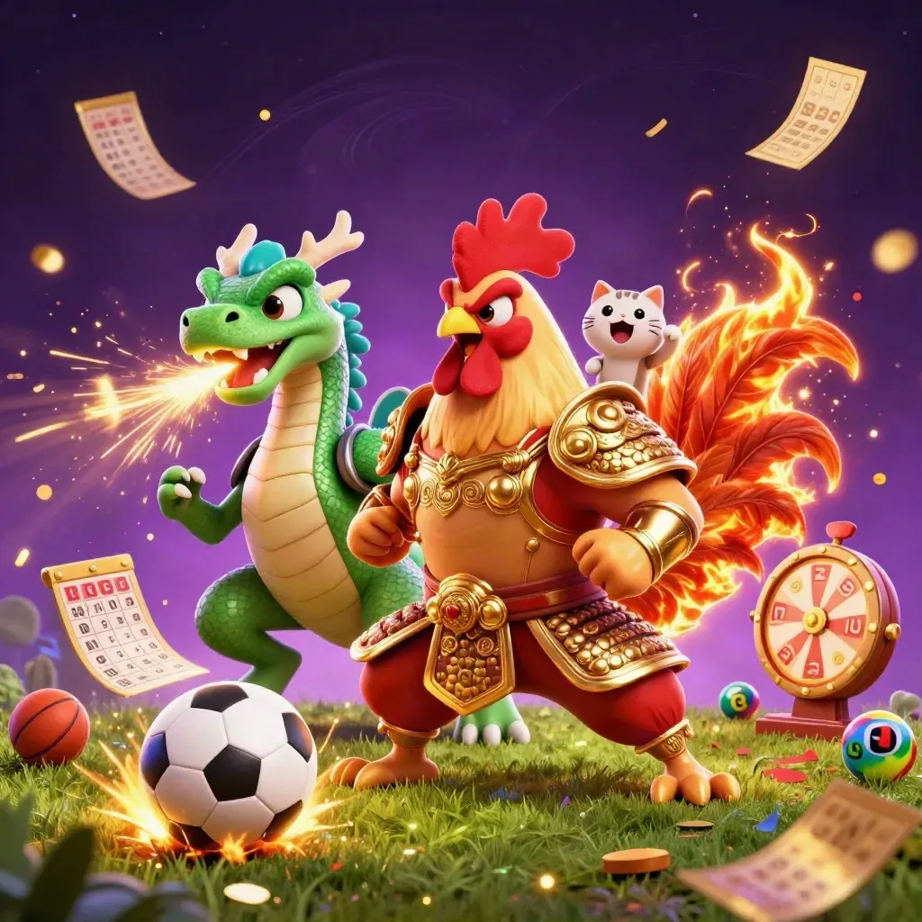 Rooster warrior, dragon hatchling, and fortune cat amid casino symbols and glowing sports gear.