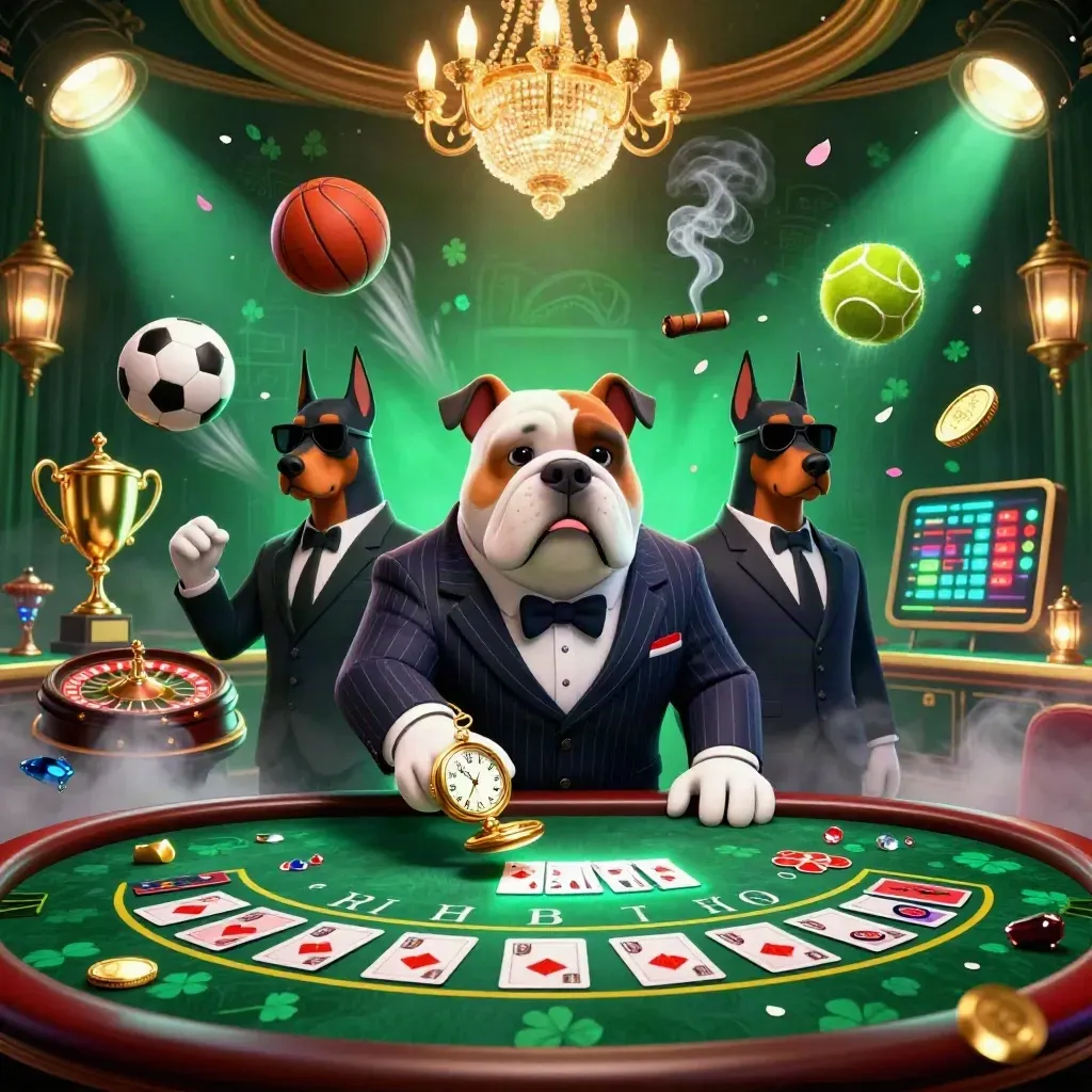 Bulldog mafia boss with Dobermans amid casino lights, sports balls, gold and emerald glam