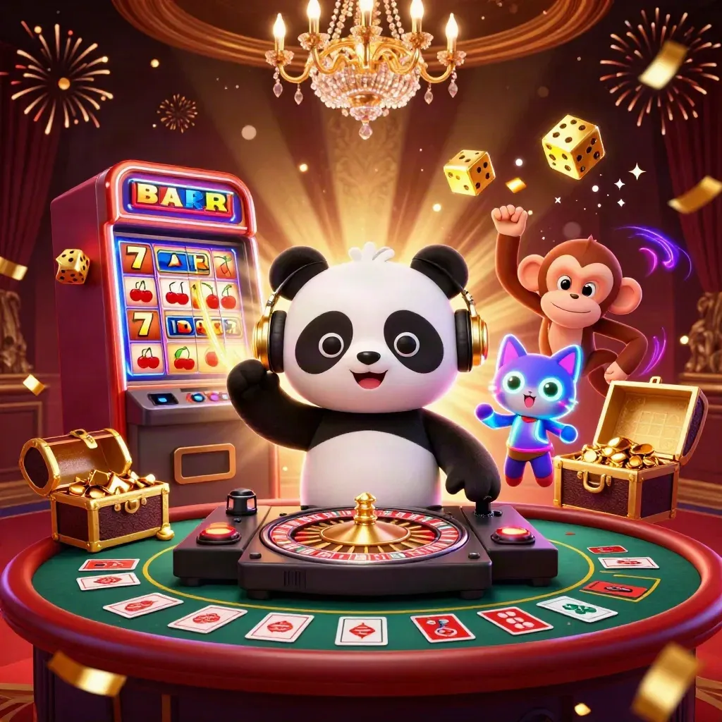 DJ panda, breakdancing monkey, and glow-stick kitten amid casino luxury and jackpot bursts.