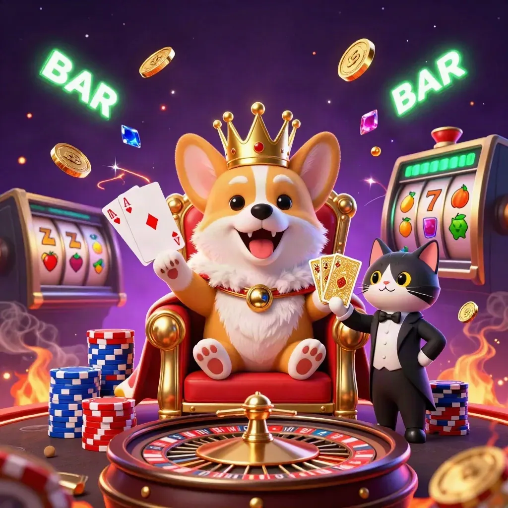 Royal corgi king and cat butler amid chips, coins, cards, and neon casino effects.