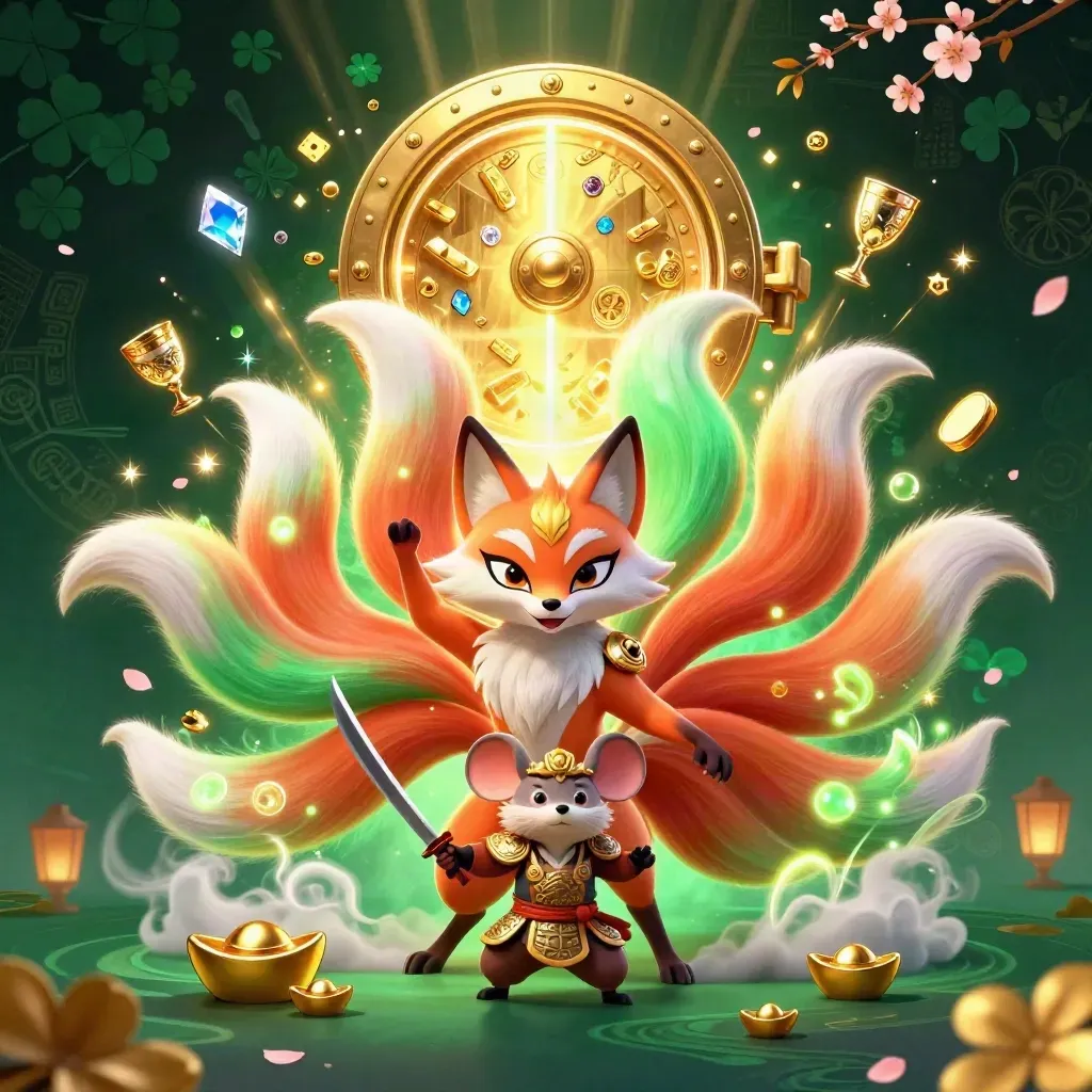 Nine-tailed fox spirit and armored samurai mouse erupt from a glowing gold vault in casino fantasy