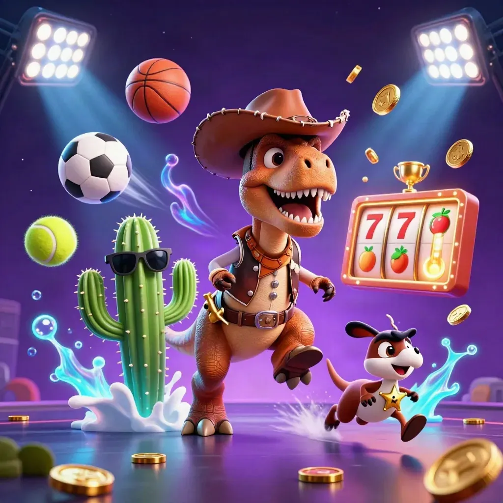 Cowboy T-Rex, cactus sidekick, and sheriff roadrunner amid sports balls, coins, and neon glow.