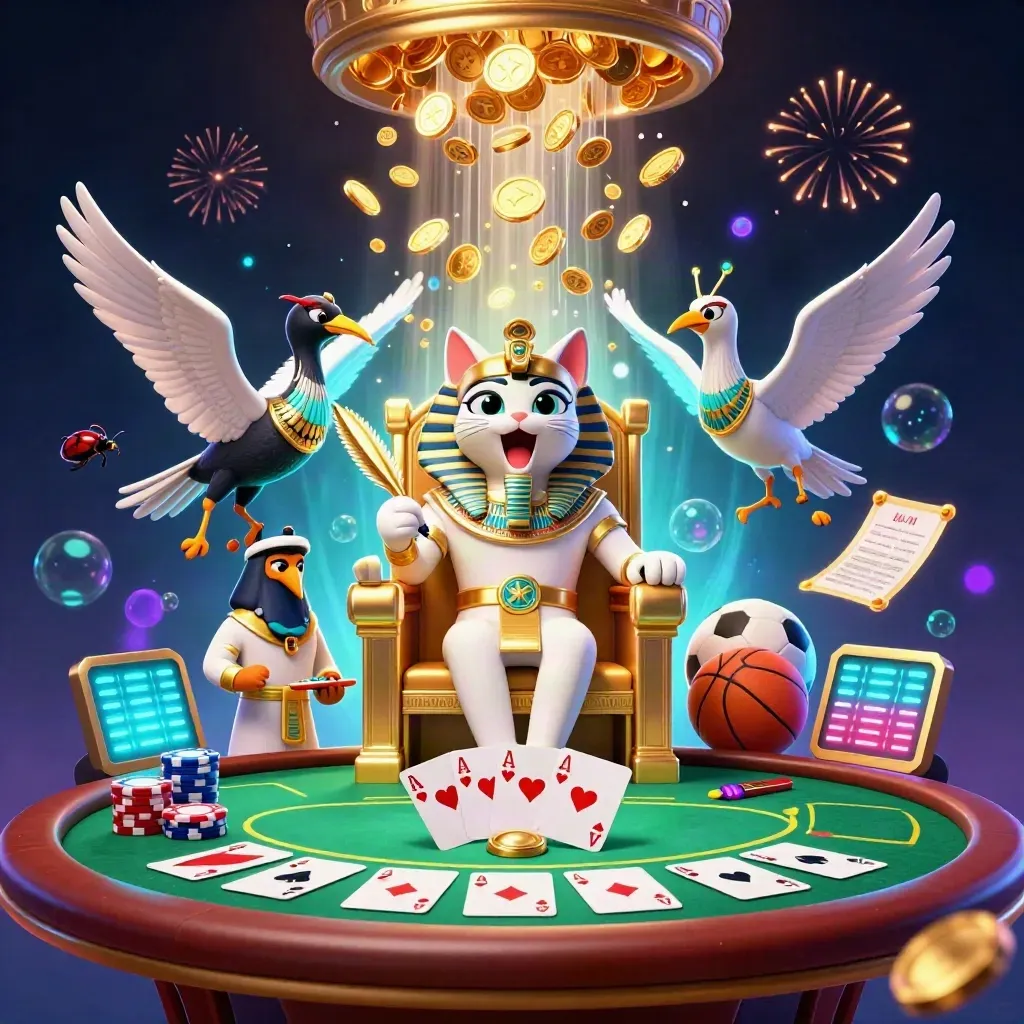 Pharaoh cat, ibis scribe, and gem-wing scarabs amid coins, chips, and glowing sports bets.