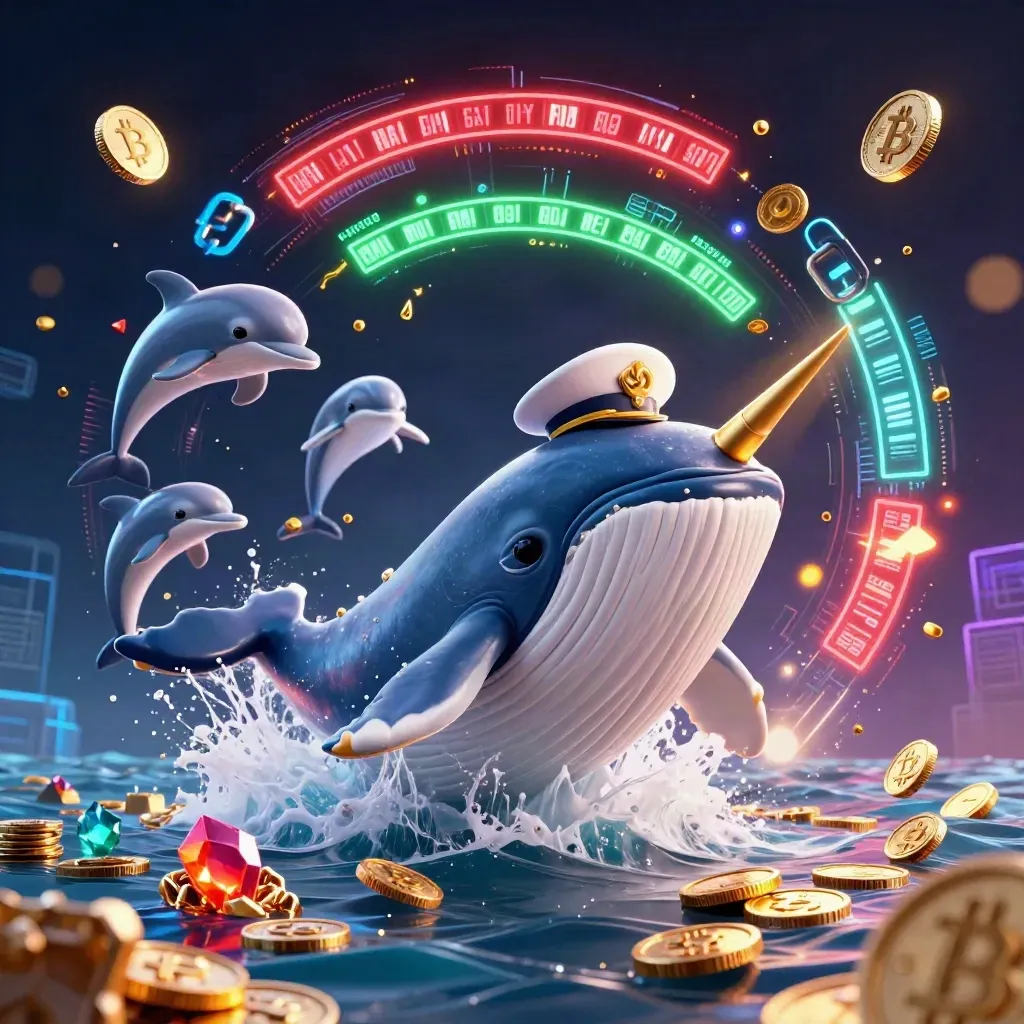Captain whale, narwhal, and dolphins burst through coins with neon crypto effects.