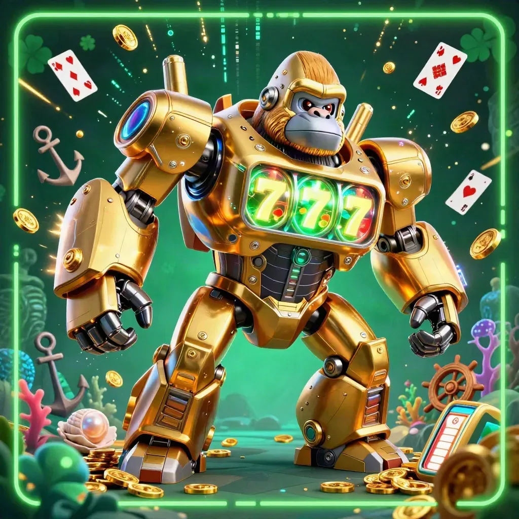 Golden gorilla mech with tiny monkey pilot exploding through a neon treasure cove.