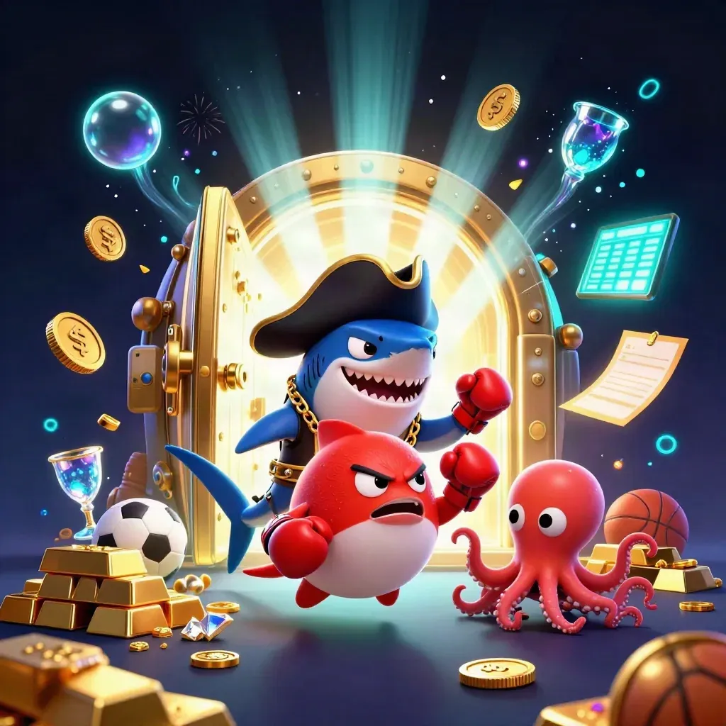 Pirate shark, boxing pufferfish, and juggling octopus erupt from a glowing treasure vault