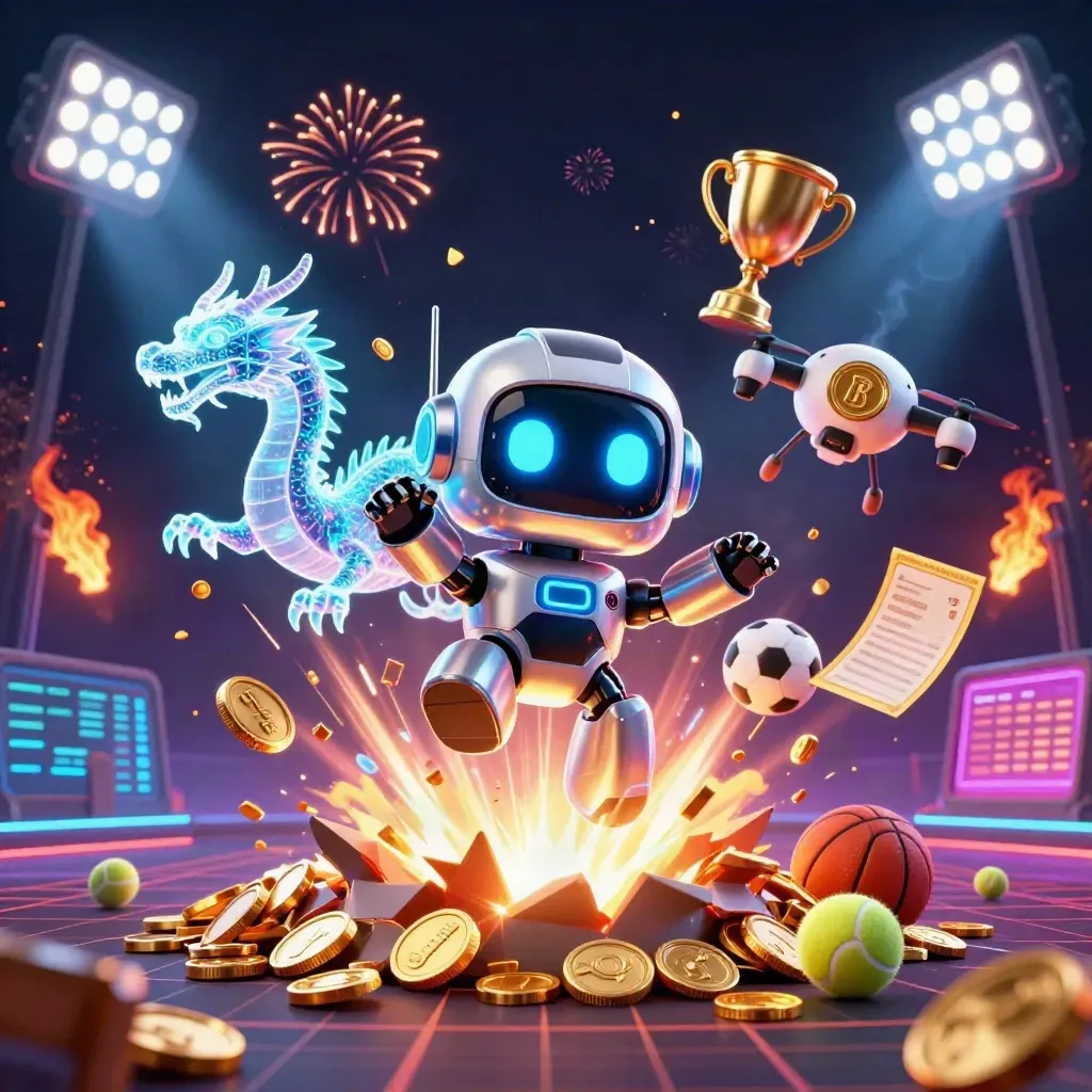 Robot mascot, hologram dragon, and coin drone amid bursting coins, sports balls, trophy, and fireworks.