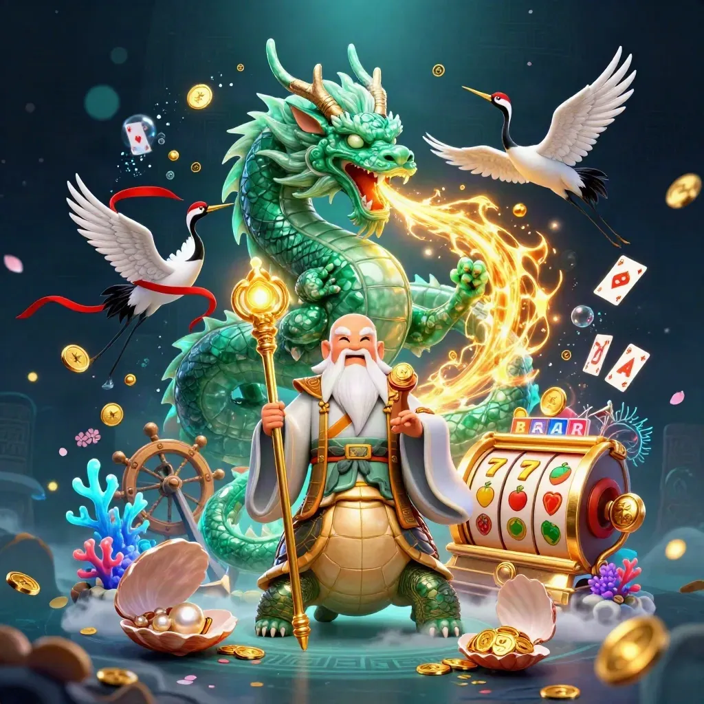 Emerald dragon, turtle sage, and cranes amid treasure cove effects on a dark casino backdrop.