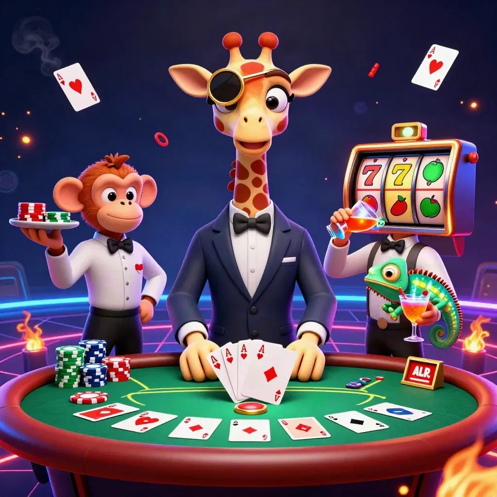 Giraffe, monkey valet, and chameleon bartender around a neon poker table with chips and reels.