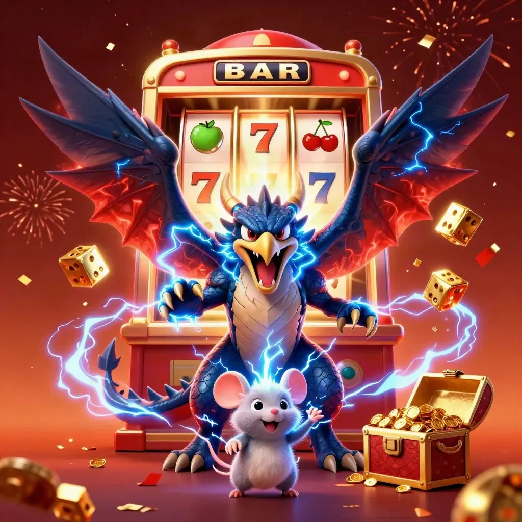 Thunder dragon, hawk, and static mouse amid slot reels, dice, gold chest, and fireworks.