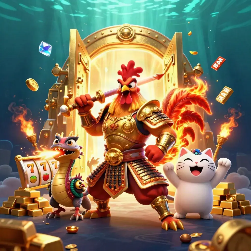 Golden rooster samurai, spark-breathing dragon hatchling, and cheering fortune-cat amid treasure and reels