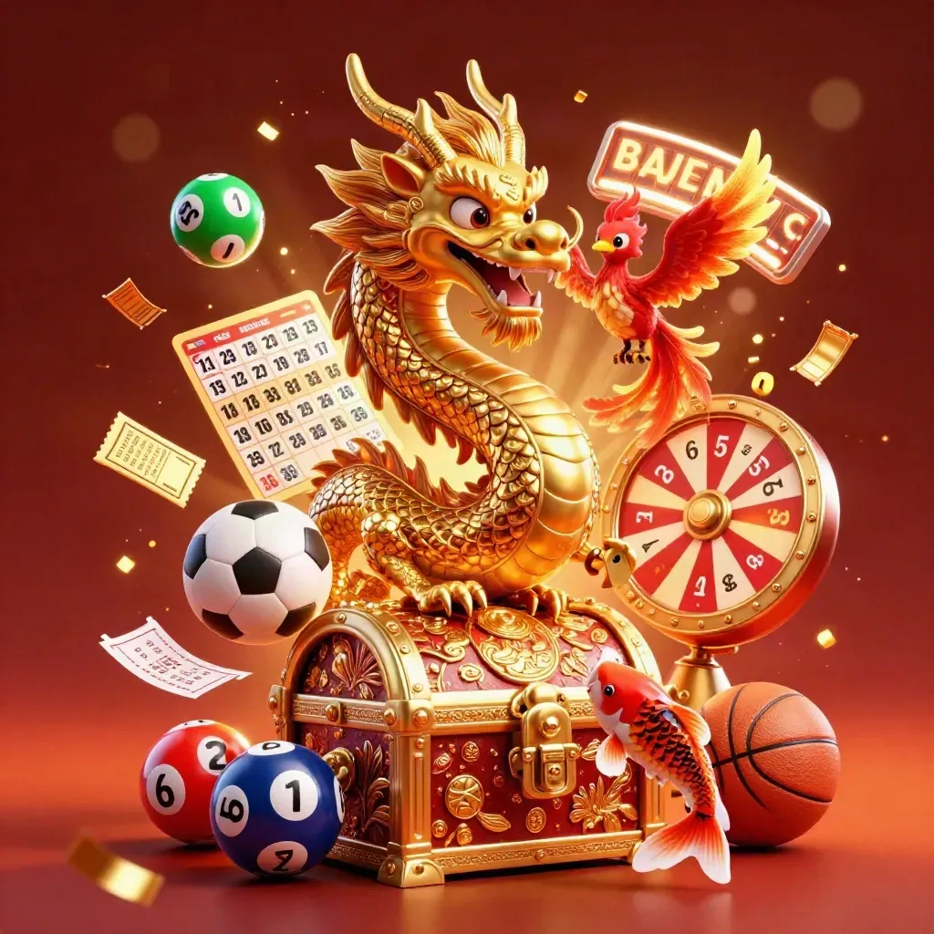 Golden dragon with phoenix and koi amid casino rewards, sparks, sports balls, and neon glow.
