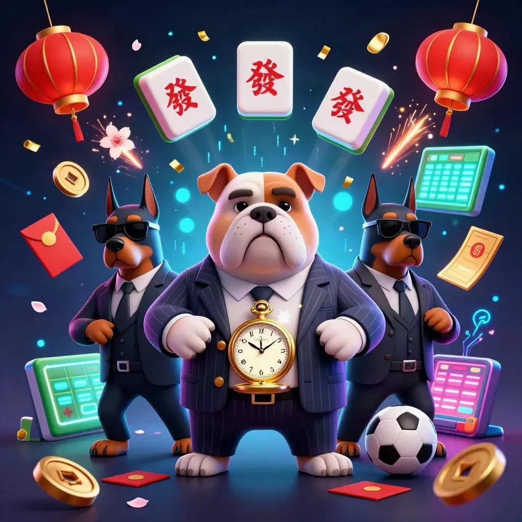 Bulldog mob boss and two Doberman guards amid neon casino rewards and sports props