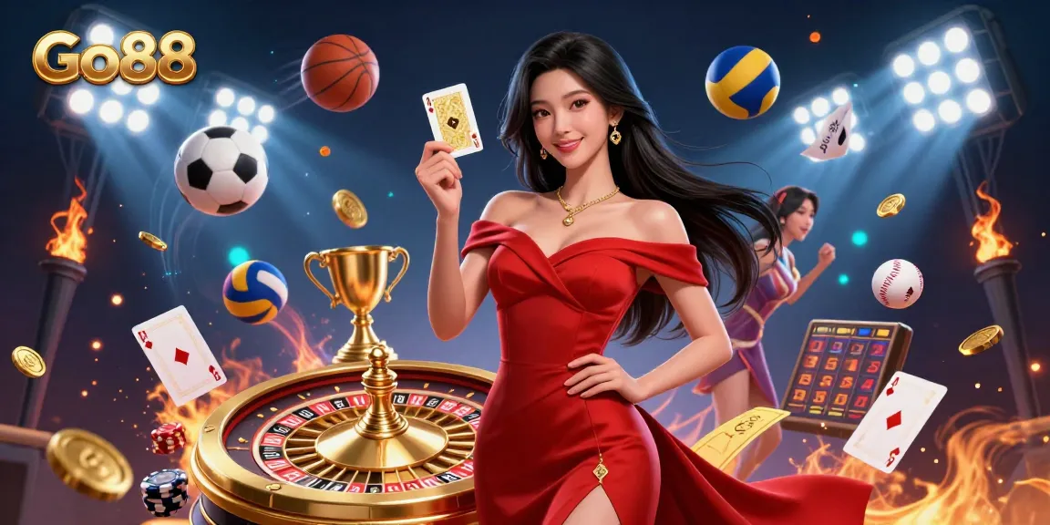 Experience the vibrant world of Go88 with this stunning illustration showcasing casino excitement; golden cards, sports elements, and thrilling gameplay await.
