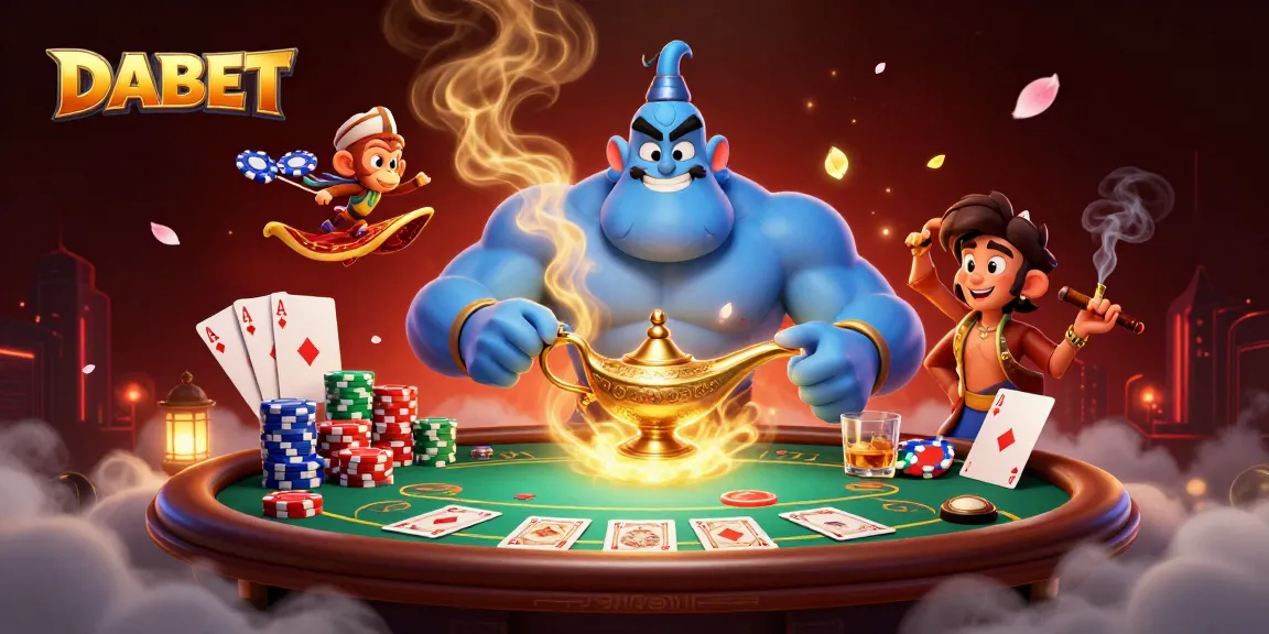 DABET showcases a magical scene with a mystical genie, poker chips, and a dramatic poker table atmosphere.