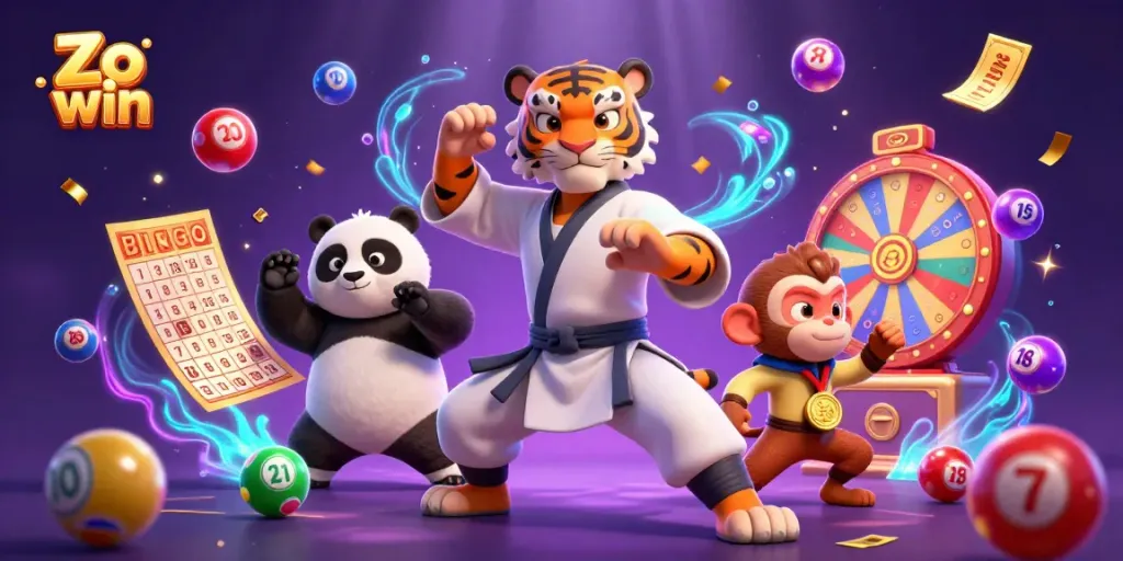 Engage with Zo win's thrilling gaming experience featuring vibrant lottery elements and playful characters.