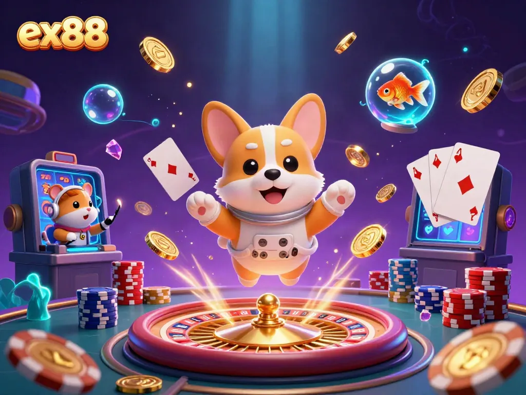 Experience ex88's thrilling space casino adventures with a playful astronaut corgi and vibrant casino elements.