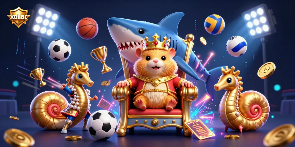 Xoilac sports theme illustration with a hamster king, seahorse guards, and dynamic sports elements.