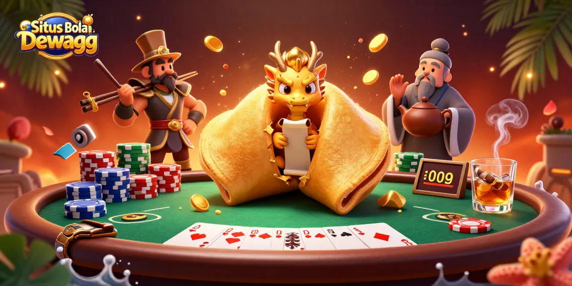Situs Bola Resmi Dewagg showcases a vibrant 3D illustration depicting a joyful gambling scene with dynamic poker elements.