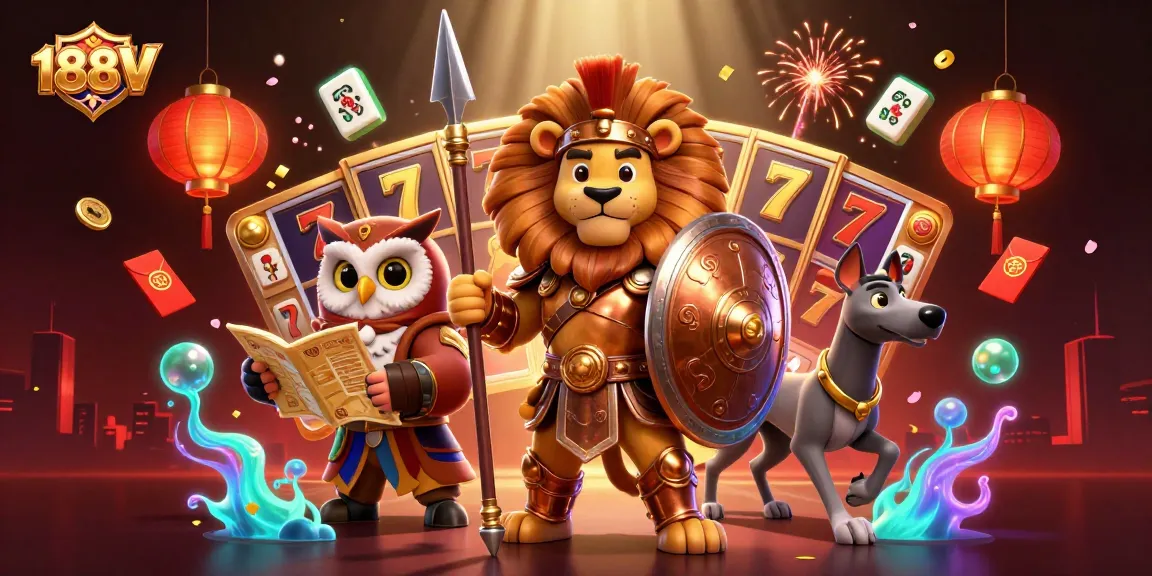 Experience the excitement of 188V with a vibrant 3D casino scene featuring a Spartan lion, owl strategist, and greyhound.