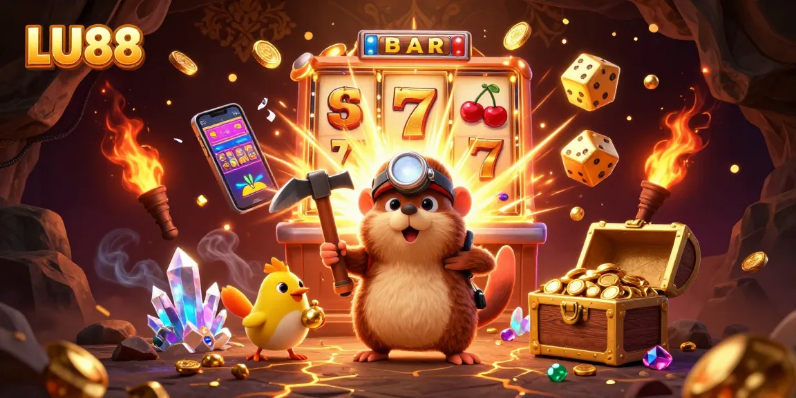 LU88 treasure hunter mole mining gold in a vibrant casino-themed illustration with slot machine elements.