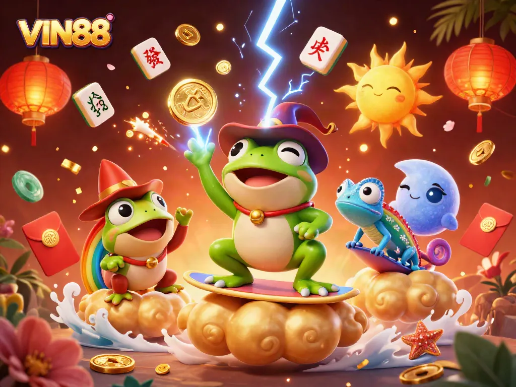 Experience the thrill of VIN88 with golden coin storms and vibrant casino elements in a dynamic 3D illustration.