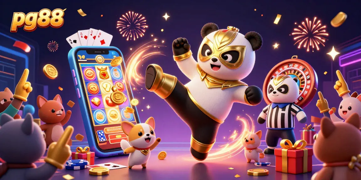Experience excitement at pg88 with a panda wrestler kicking, golden coins raining down in a vibrant casino scene.