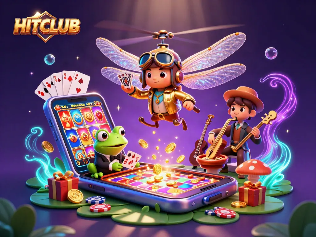 HITCLUB showcases thrilling gaming with a dragonfly pilot, frog croupier, and vibrant casino elements.