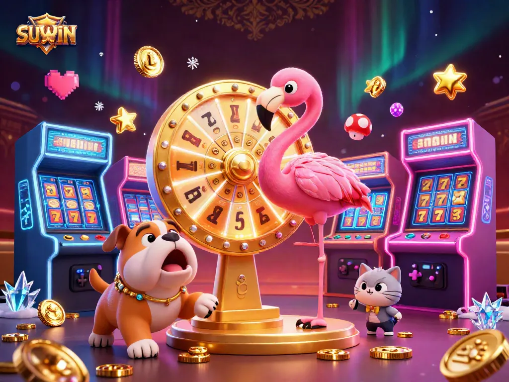 Suwin engages players with a dynamic casino scene featuring a game show host flamingo, excited bulldog contestant, and vibrant gaming elements.