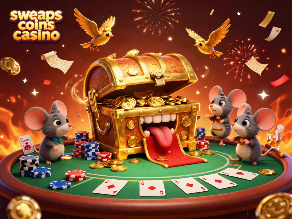 Experience thrills at sweeps coins casino with luring treasure chest, poker elements, and festive ambiance.