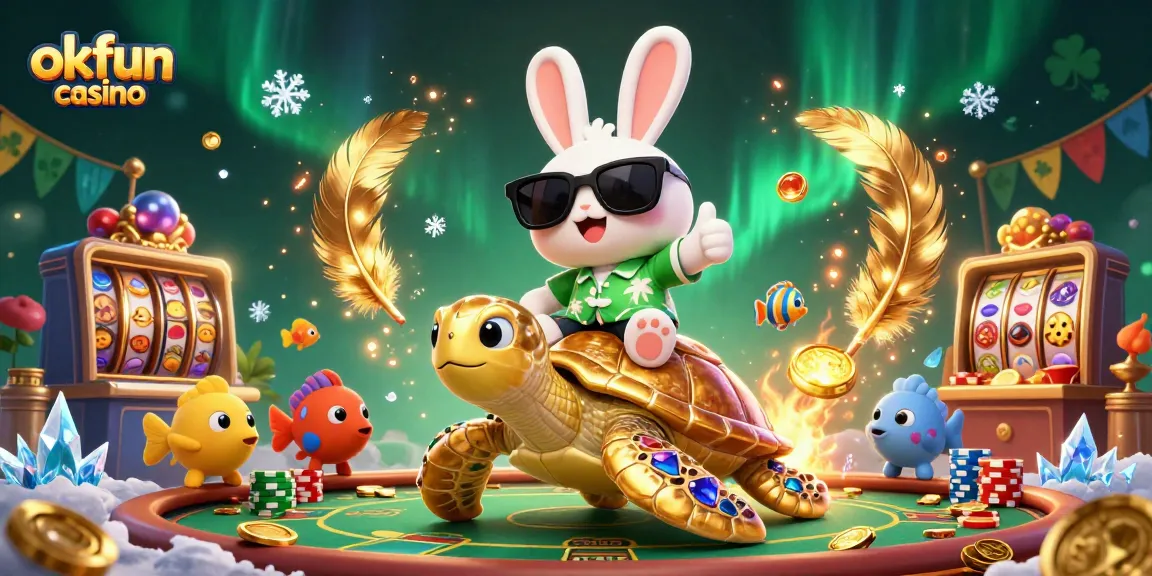 Experience thrilling fun at okfun casino with a lucky rabbit and a golden turtle surrounded by vibrant gaming elements.