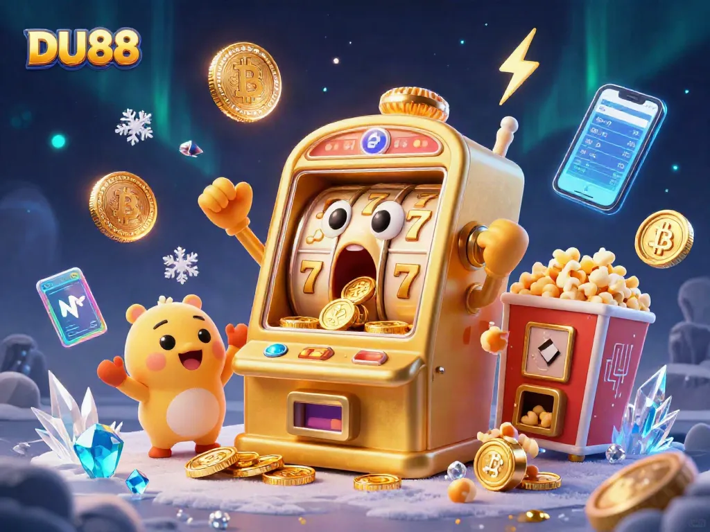 Experience DU88's thrilling wins with a golden slot machine celebrating a jackpot amidst cheering baby slots and crypto coins.