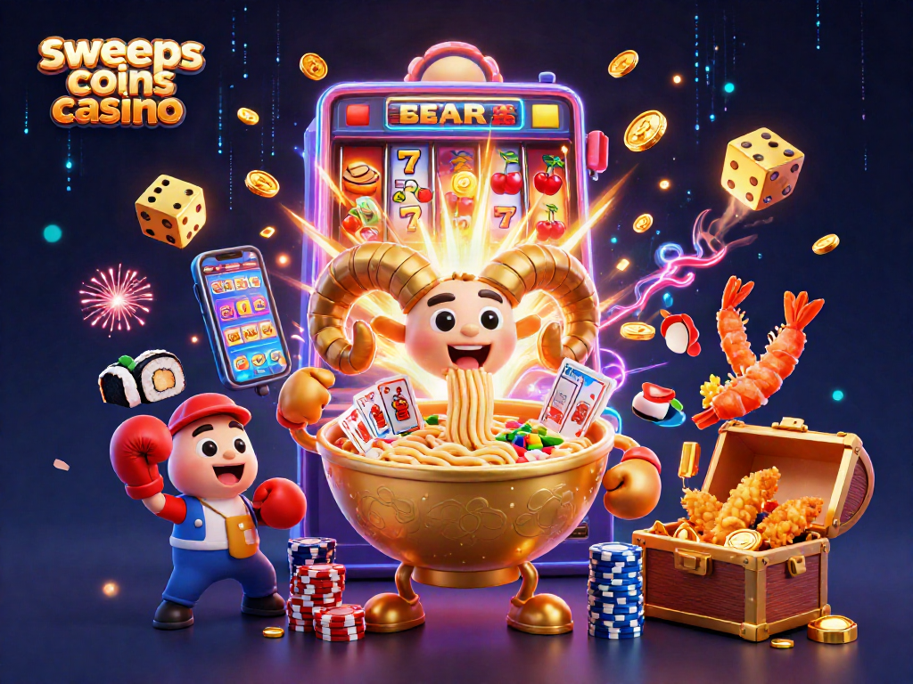 Engaging illustration of sweeps coins casino with a golden ramen bowl dealer and vibrant slot machine action.