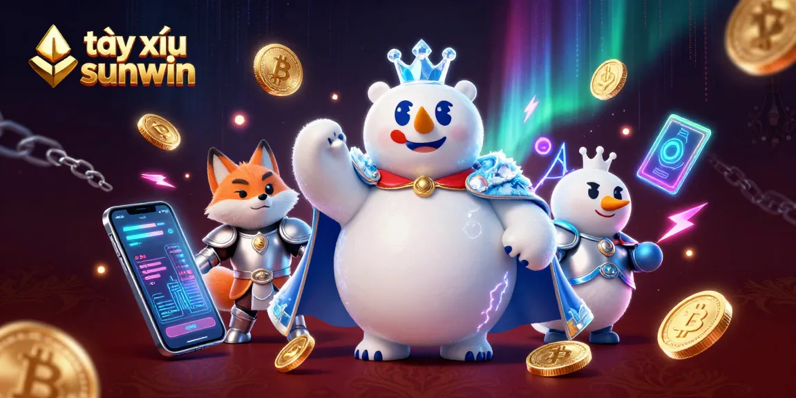 Engage in tài xỉu sunwin gaming with a vibrant 3D illustration of a majestic ice king polar bear and snow fox amidst crypto elements.