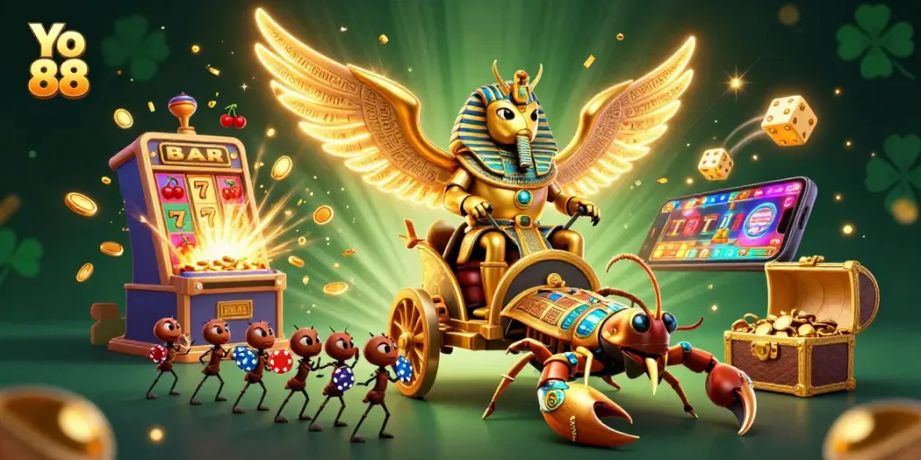 Win big at Yo 88 with a dynamic casino scene featuring a golden scarab beetle and jackpot elements.