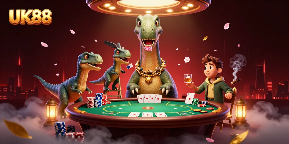 Join the excitement at UK88 as a giant brontosaurus oversees a thrilling poker game!