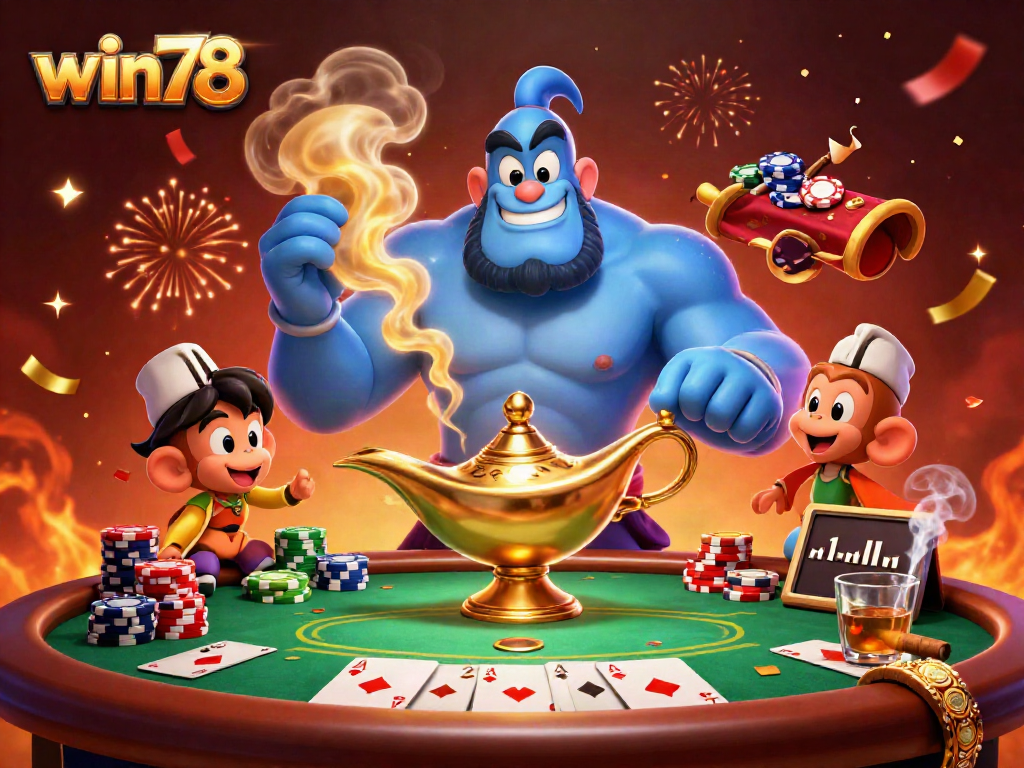 Experience thrilling wins at win78 with our vibrant casino scene featuring poker elements and magical characters.