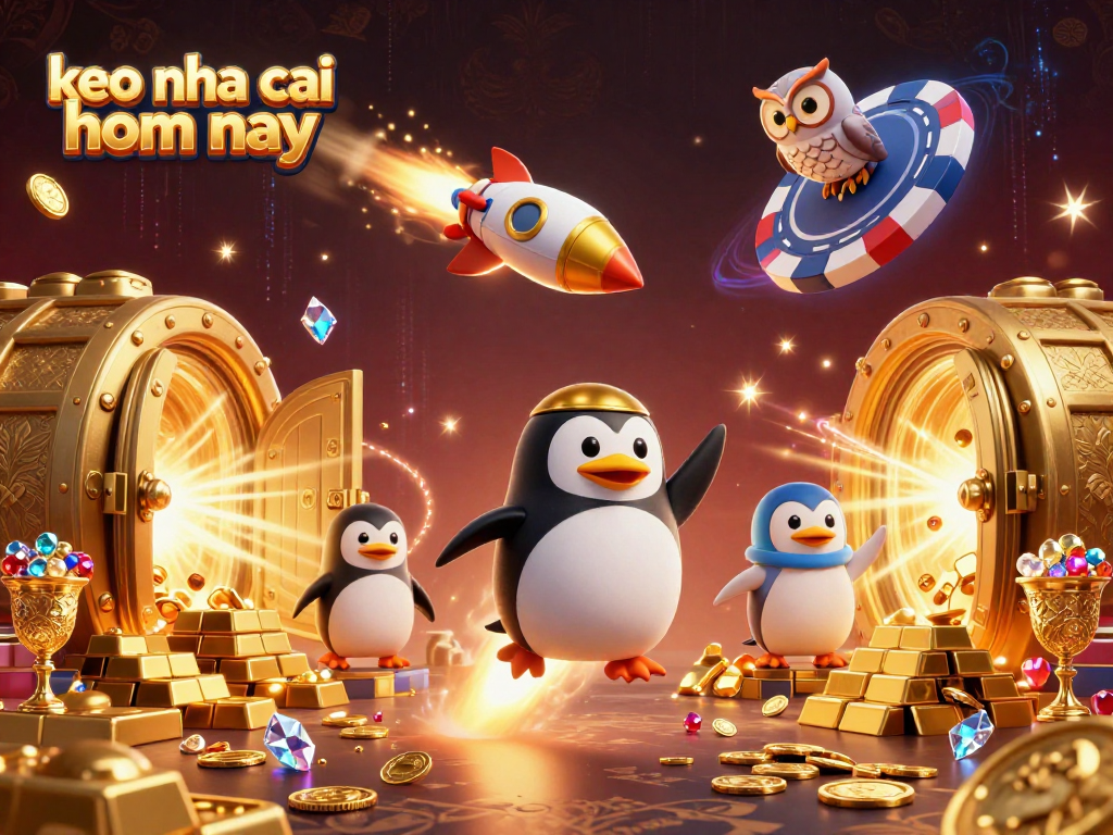 Engage with keo nha cai hom nay as a vibrant 3D penguin blasts through a casino-themed cosmos.