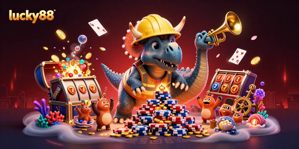Engage in thrilling gaming with lucky88, featuring playful characters amidst vibrant casino elements.