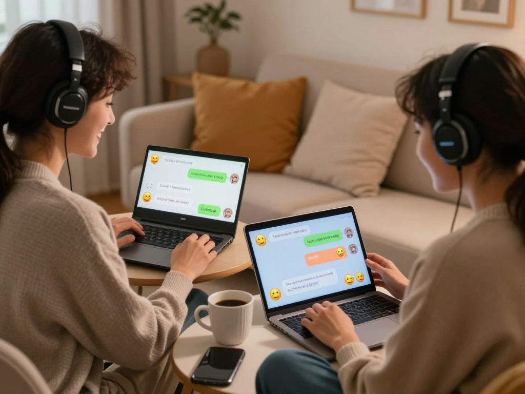 Engaging sex AI chat scene with individuals smiling while using devices in a cozy environment.
