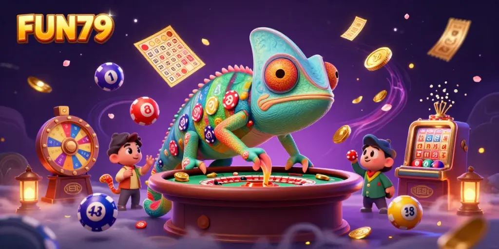 Experience the excitement at FUN79 with a vibrant chameleon casino owner catching golden coins amidst lively gaming elements.