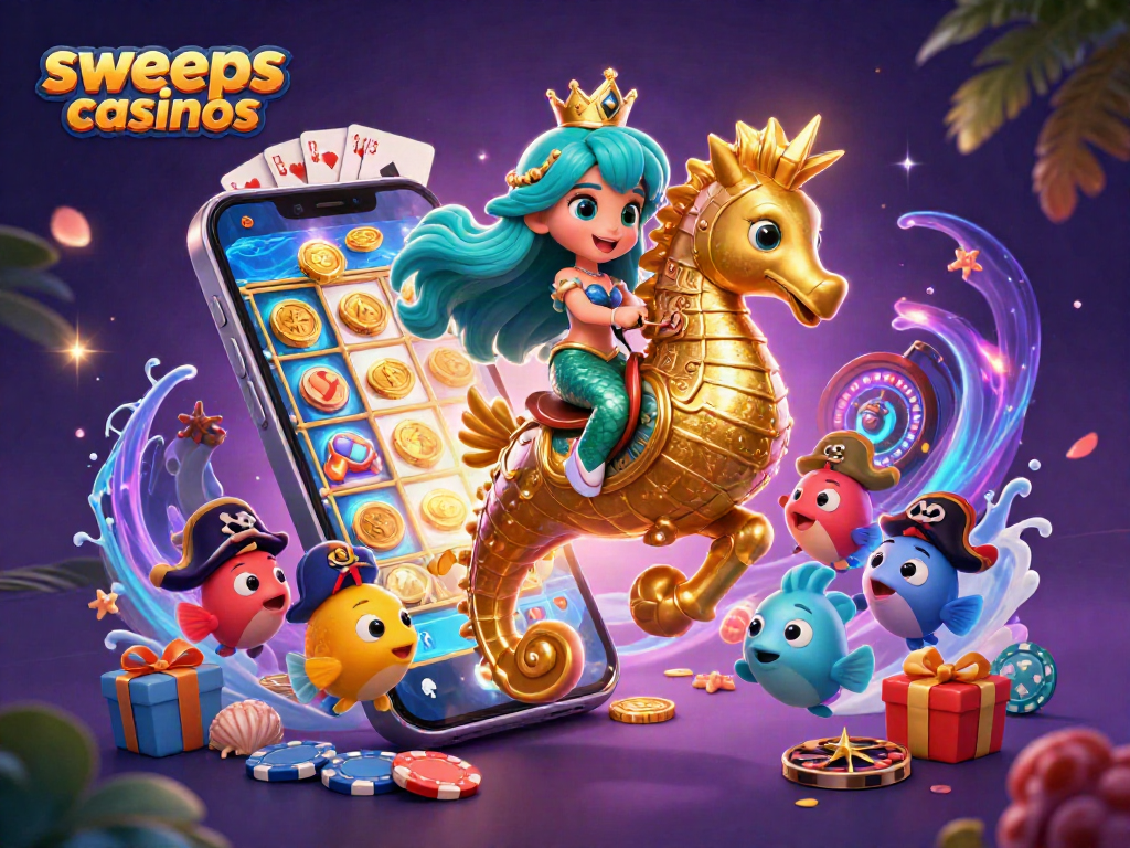 Sweeps casinos scene featuring a mermaid on a horse amidst colorful slots and poker elements, perfect for gamers.